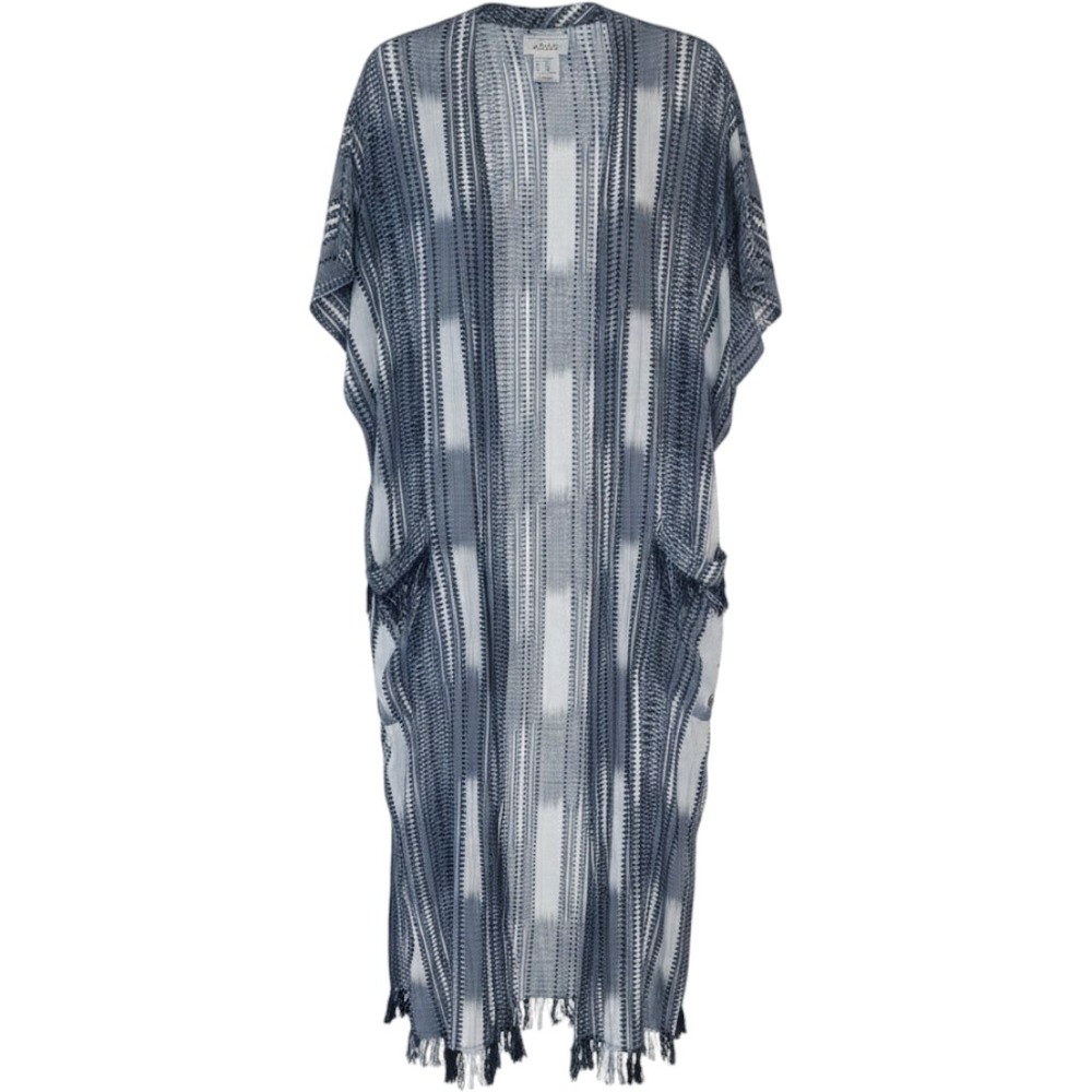 Ariat Kimono Duster Women M/L Blue Excellent Fringe Ikat‎ Stripe Cotton Pockets